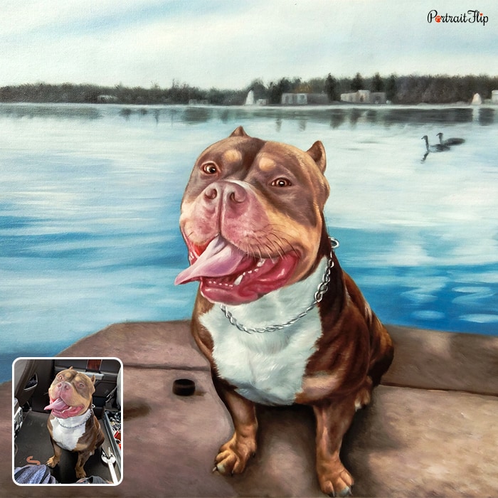 Acrylic painting of a pitbull dog sitting with lake view in the background